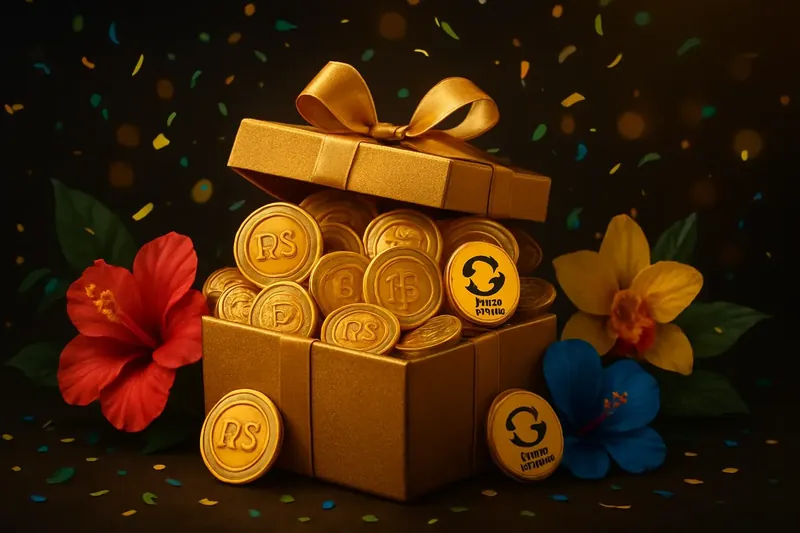 Caixa dourada com moedas de Real, fichas de giros grátis e confete