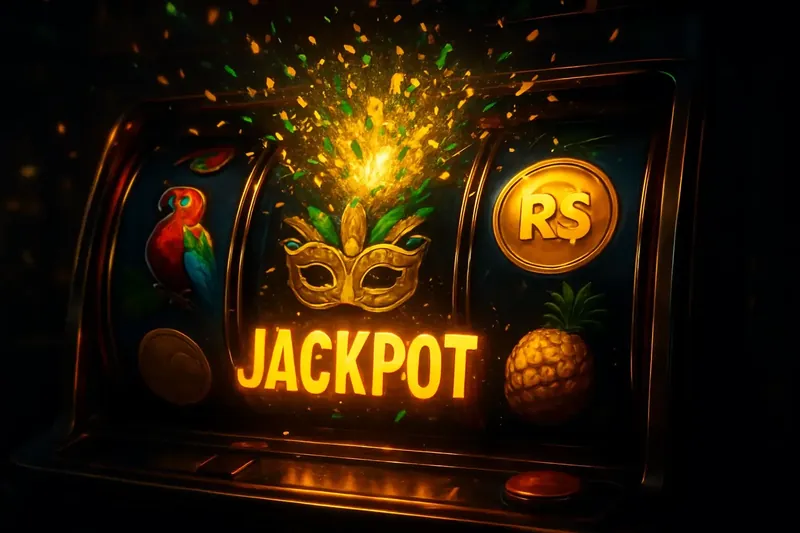 Caça-níqueis brasileiro com rolos coloridos, símbolos tropicais e jackpot explosivo