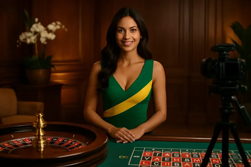 Estúdio de cassino ao vivo com dealer brasileira na roleta, luxo tropical