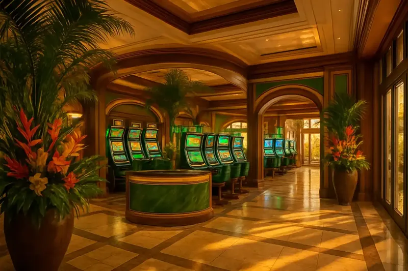 Lobby elegante de cassino com decoração tropical brasileira e telas de jogos