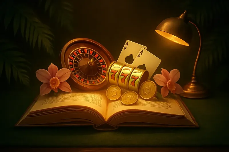 Livro aberto brilhante com roleta, caça-níqueis, blackjack e moedas de real