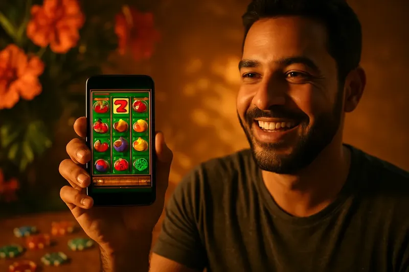 Jogador brasileiro segurando smartphone com caça-níqueis online e fichas coloridas