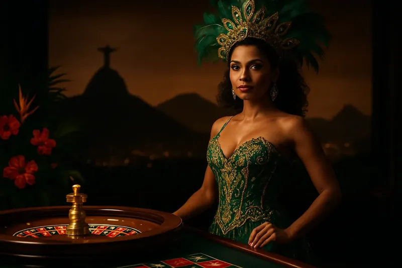 Mulher brasileira elegante ao lado da roleta com skyline do Rio ao fundo