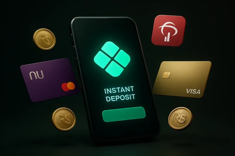 Smartphone com depósito instantâneo e cartões bancários brasileiros em 3D